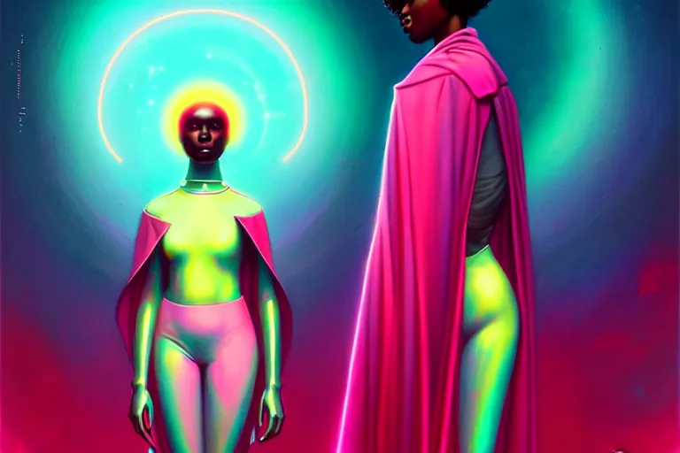 Prompt: patron saint of 🛸🌈👩🏾, futuristic clothing, pink background, warped gravity, neon god of city character portrait, in the style of moebius, wlop, tom bagshaw, and waterhouse, cinematic lighting, beautiful, elegant, oil painting,