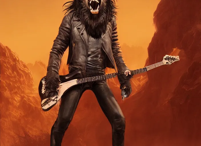 Image similar to werewolf rockstar, leather jacket, electric guitar, matte painting, artstation, high detailed, 4 k