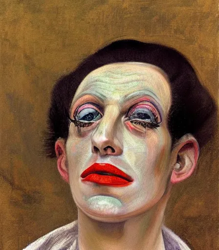 Image similar to a high quality, high detail, portrait of a drag queen by lucian freud, moody, nostalgic