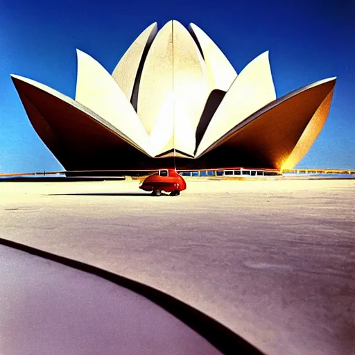 Prompt: straircase of a futuristic lotus temple with gold, red and white marble panels, in the desert, by buckminster fuller and syd mead, intricate contemporary architecture, photo journalism, photography, cinematic, national geographic photoshoot