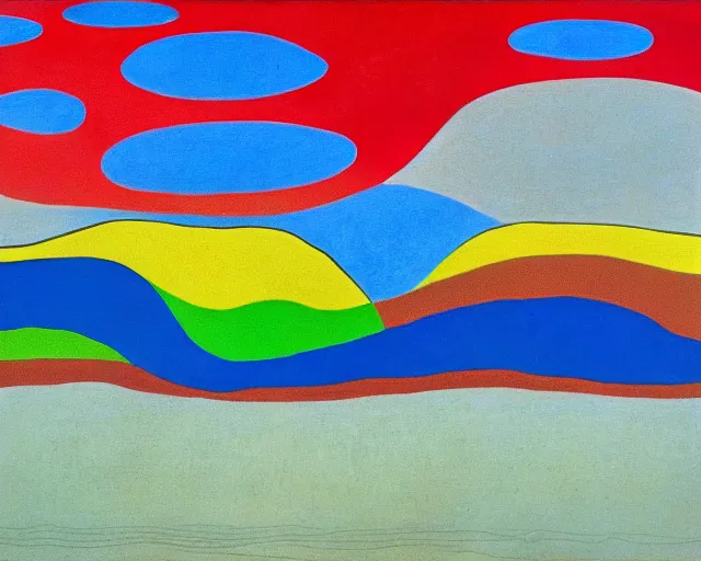 Prompt: A wild, insane, modernist landscape painting. Wild energy patterns rippling in all directions. Curves, organic, zig-zags. Saturated color. Mountains. Clouds. Rushing water. Waves. Sci-fi dream world. Wayne Thiebaud. Yves Tanguy. Paul Klee.