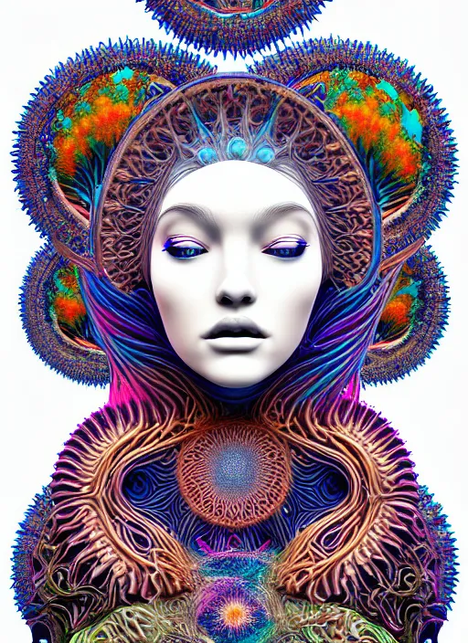 Prompt: ridiculously beautiful young womans face, radiating psychedelics, blooming, portals into dimensions, coral, birds, symmetrical, in the style of ernst haeckel, effervescent, sacred geometry, surrealism, photo realistic, epic and cinematic, 3 d, clear, sharp, dark background