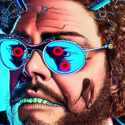 Prompt: portrait closeup of crazy post malone with cyberpunk microchips and round techno glasses, symmetrical, by yoichi hatakenaka, masamune shirow, josan gonzales and dan mumford, ayami kojima, takato yamamoto, barclay shaw, karol bak, yukito kishiro