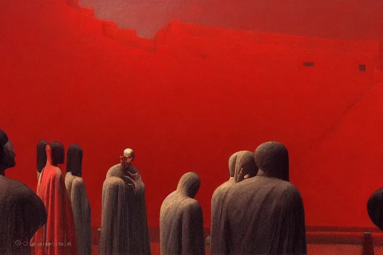 Prompt: only with red, a red great emperor, taormina amphitheatre, expressive crowd with big smile, in the style of beksinski, parts by edward hopper, parts by rodcenko, parts by yue minjun, intricate and epic composition, red by caravaggio, insanely quality, highly detailed, masterpiece, red light, artstation, 4 k