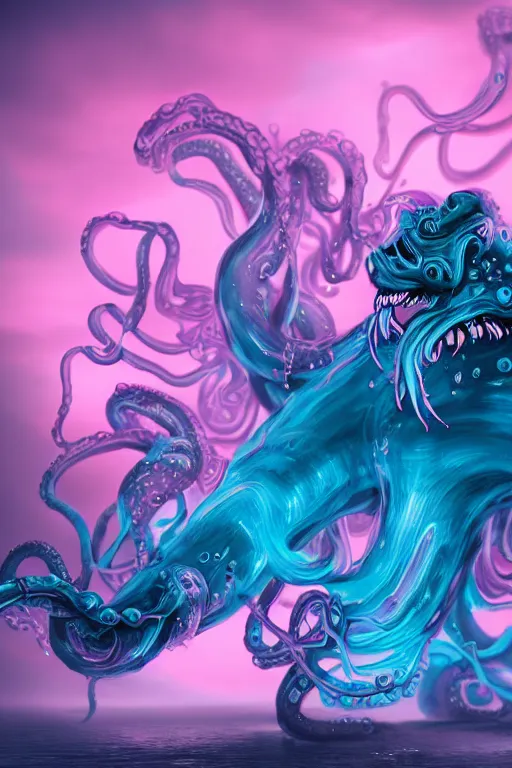 Image similar to pink and blue ooze monster with black eyes and reflective liquid, tentacles, imaginary concept villian. beautiful lighting, misty cloudy atmosphere