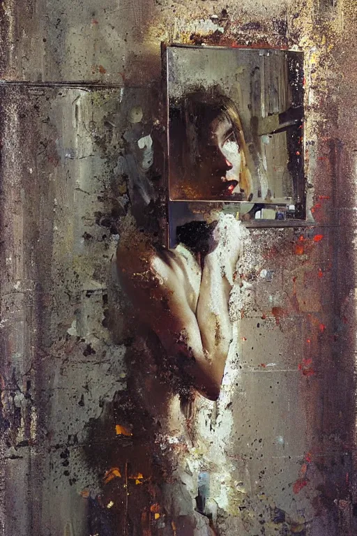 Prompt: a beautiful glitched painting by robert proch and christian hook of a woman in a bathroom mirror, metal rust and plaster materials, brushstrokes by jeremy mann, still life, dark colors