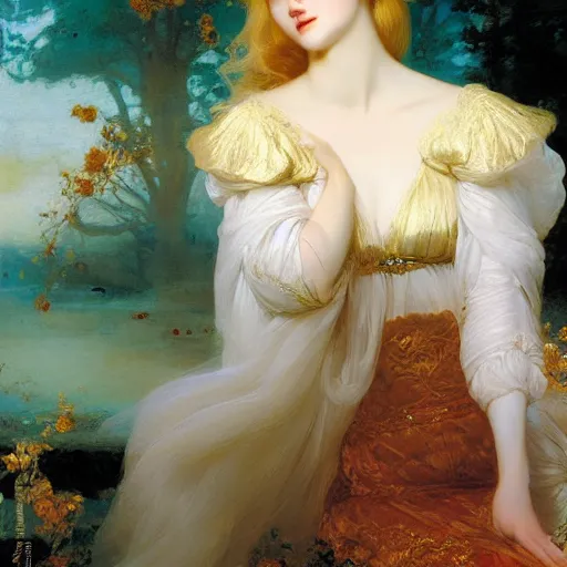 Image similar to blonde beautiful sleeping princess by Franz Xaver Winterhalter and Delphin Enjolras and Rebecca Guay