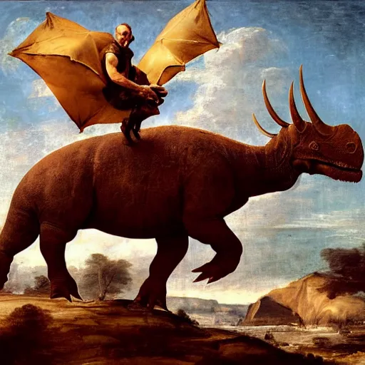 Prompt: sean connery riding a triceratops in times square, renaissance painting, style of titian, dramatic lighting, oil painting