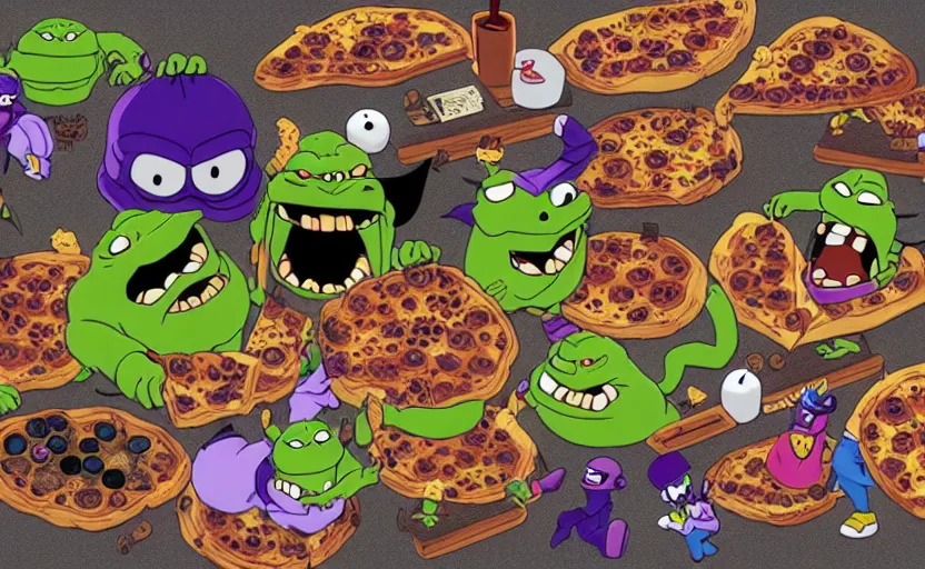 Prompt: pizza godzilla yoda donkey kong pikachu yeti shrek super robot homer groot waluigi darth vader mike wazowski, highly detailed, extremely high quality, hd, 4 k, 8 k, professional photographer, 4 0 mp, lifelike, top - rated, award winning, cinematic, realistic, detailed lighting, detailed shadows, sharp, no blur, edited, corrected, trending