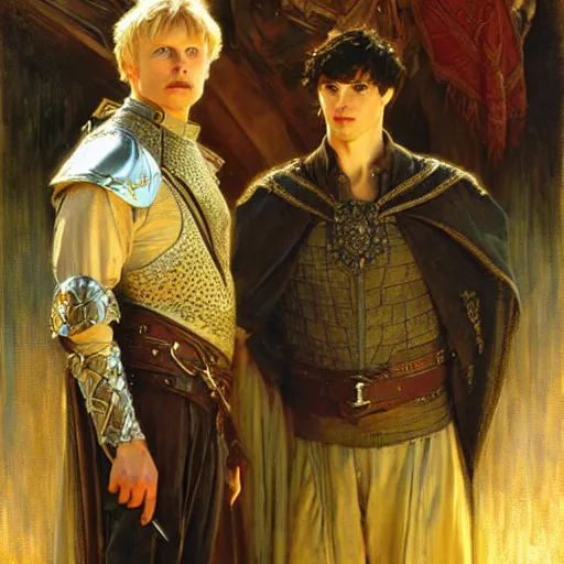 Image similar to arthur pendragon and merlin. focus on their faces. highly detailed painting by gaston bussiere, craig mullins, j. c. leyendecker, alphonse mucha 8 k