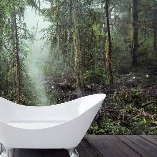 Image similar to pristine porcelain bath filled with bubbles in a clearcut rainforest, slash and burn, cleared forest, deforestation, bubble bath, overflowing with bubbles, tree stumps, smouldering charred timber, pile of timber