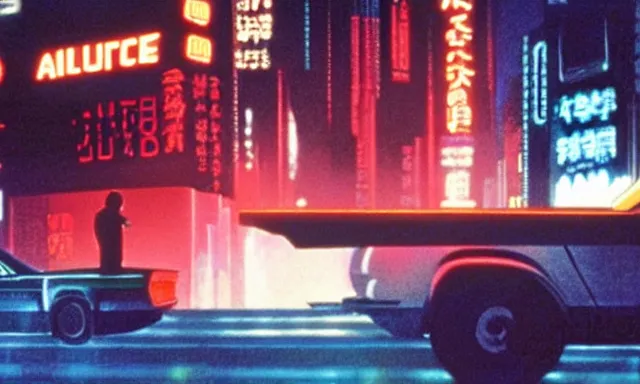 Image similar to full - color cinematic movie still from the 1 9 8 2 anime - adaptation of blade runner. science - fiction ; action ; neon ; gritty ; dystopian ; detective mystery.