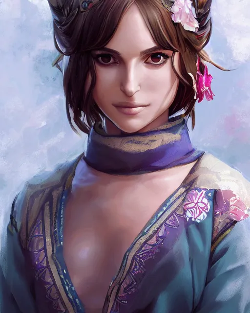 Image similar to An anime portrait of Natalie Portman as a beautiful woman wearing a kimono from Skyrim, by Stanley Artgerm Lau, WLOP, Rossdraws, James Jean, Andrei Riabovitchev, Marc Simonetti, and Sakimichan, trending on artstation