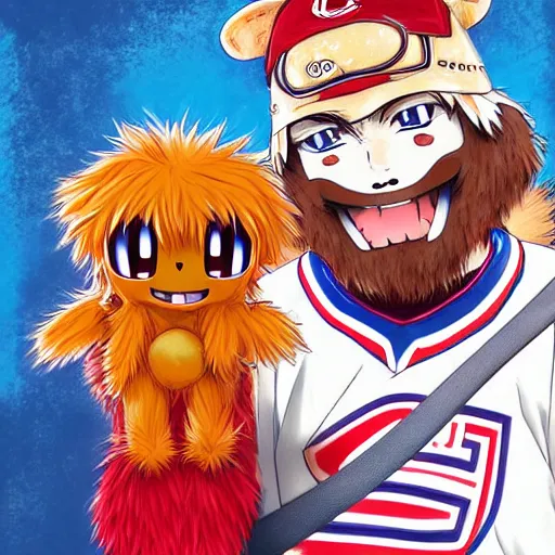 Image similar to anime Portrait of Youppi the Habs Montreal Canadiens Mascot as a very cute powerful and friendly pokemon, highly detailed anime, high evolution, 1990s, legendary, smooth, sharp focus, dynamic lighting, intricate, trending on ArtStation, illustration pokemon, art by WLOP