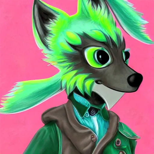 Image similar to Beautiful digital painting of an anthro anthropomorphic pastel-green wolf, Punk outfit. cute