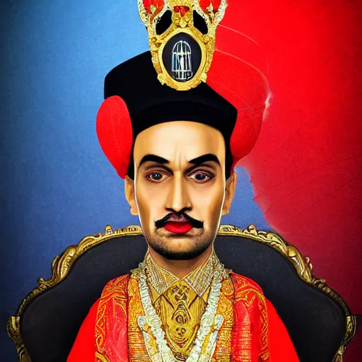 Image similar to the king of india sitting on a throne wearing a black suit and a red fez, detailed face with red lips, blue eyes and large forehead, moody atmosphere, digital art, highly detailed, high contrast, beautiful lighting, award winning, trending on art station, photorealistic, 8 k,