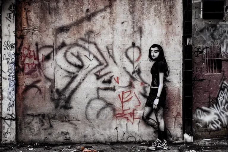 Prompt: portrait of a young punk woman leaning against the wall in an alley, sharp focus high detail face, graffiti covered walls, rubbish strewn on the ground, ghetto, award winning times magazine photography, cinematic lighting, striking highlights