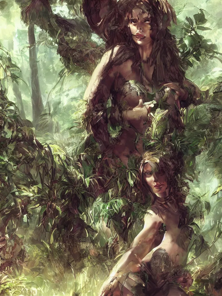 Prompt: Sketch concept art of a beautiful woman in the jungle, cinematic, trending on artstation