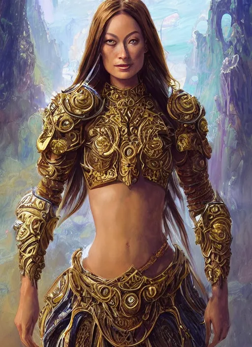 Prompt: a professional painting of a young Olivia Wilde, wearing skimpy ornate, detailed, intricate golden armor, olive skin, long dark hair, beautiful bone structure, symmetrical facial features, intricate, elegant, digital painting, concept art, smooth, nice background bokeh, illustration, from StarCraft by Ruan Jia and Mandy Jurgens and Artgerm and William-Adolphe Bouguerea