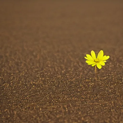 Image similar to a single small pretty desert flower blooms in the middle of a bleak arid empty desert, sand dunes, clear sky, low angle, dramatic, cinematic, tranquil, alive, life.