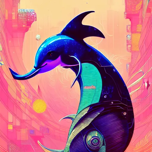 Image similar to a beautiful hyperdetailed character design 4 k wallpaper illustration of a cute dolphin, victo ngai cyberpunk style, from china, style of studio ghibli, makoto shinkai, raphael lacoste, louis comfort tiffany, artgerm, james jean, ross tran, chinese style