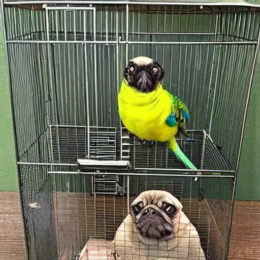 Image similar to a bird cage with a pug parrot hybrid