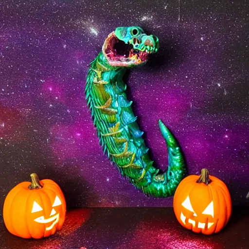 Image similar to stop motion bipedal halloween eel snake skeleton fantasy mermaid with a fish bone body, on a spray painted cardboard dock with a hand painted night sky full of led glittery stars, adorable, side profile, macro camera lens