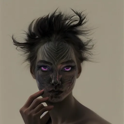 Image similar to yanjun cheng portrait of a beautiful dark fae woman, with black lips, gray mottled skin, black feathers instead of hair, feathers growing out of skin, modestly clothed, intricate, detailed, symmetric face, by wlop and karol bak and bouguereau and viktoria gavrilenko