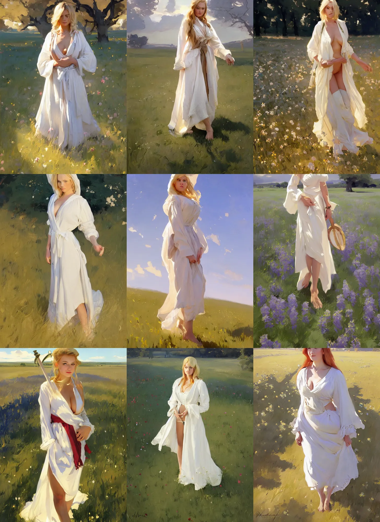 Prompt: finnish norwegian swedish scandinavian attractive glamour model wearing robe a la francaise walking in the field in a sunny day, jodhpurs greg manchess painting by sargent and leyendecker, studio ghibli, fantasy, medium shot, asymmetrical, intricate, elegant, matte painting, illustration, hearthstone, by greg rutkowski, by greg tocchini, by james gilleard