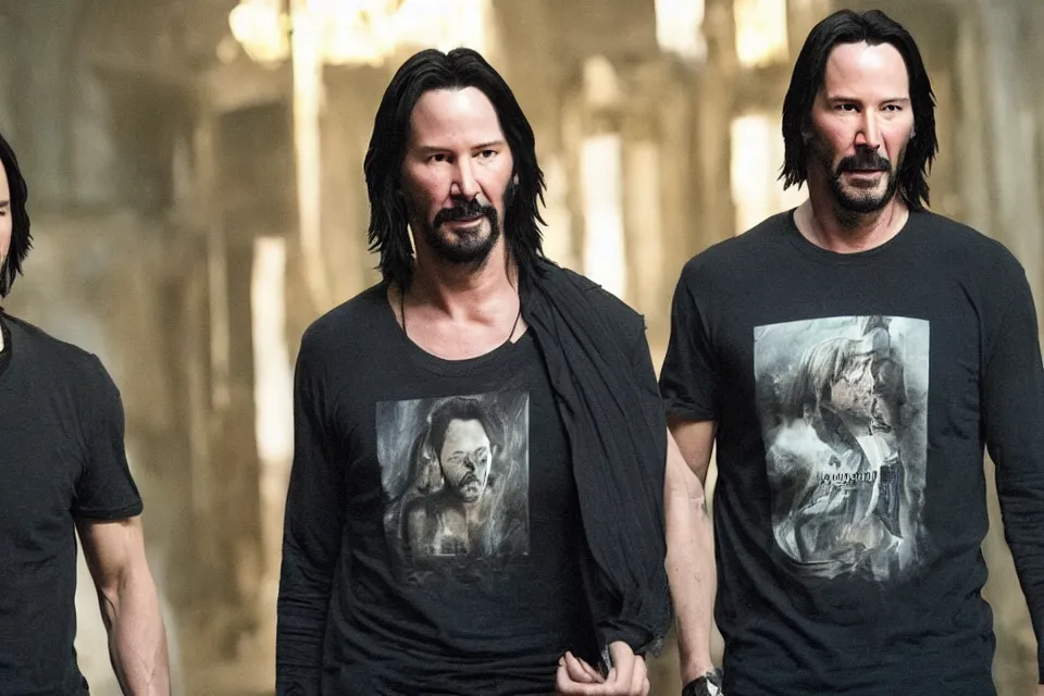 Image similar to film still of keanu reeves holding a t - shirt with keanu reeves on the sleeves in the new fantasy movie