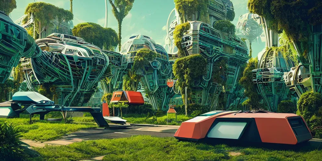 Image similar to 80s futuristic outdoor retro arcade, desolate, lush vegetation:: by beeple and James Gilleard and Justin Gerard :: ornate, dynamic, particulate, intricate, elegant, highly detailed, centered, artstation, smooth, sharp focus, octane render, 3d