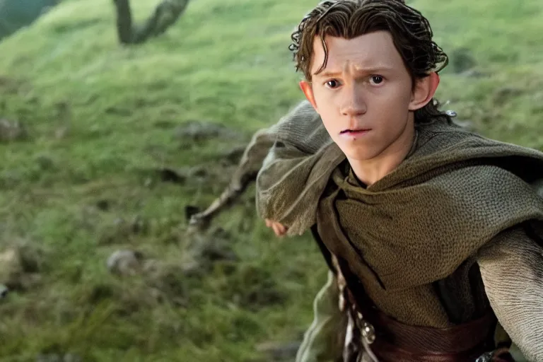 Image similar to tom holland plays an elf in the lord of the rings return of the king, highly detailed, cinematic lighting, 4 k, arricam studio 3 5 mm film camera, kodak 5 2 7 9 ( tungsten - balanced ) film stock