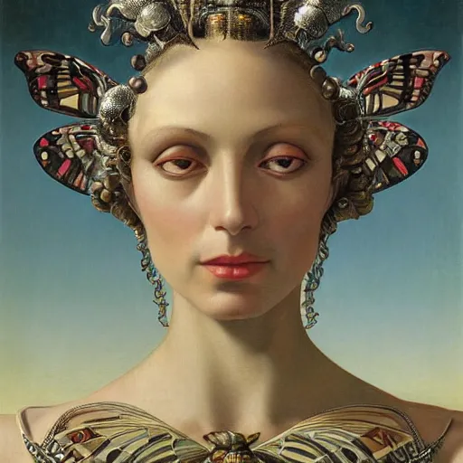 Prompt: a baroque neoclassicist close - up renaissance portrait of a beautiful art deco insect queen with glowing eyes, in profile, moth wings with geometric patterns, reflective detailed textures, baroque dark fantasy science fiction painting by donato giancola and diego rivera and jean delville and moebius and tom bagshaw, dramatic lighting, silver and muted colors, artstation, octane render