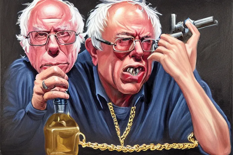 Prompt: Bernie Sanders as rap artist in the hood with gold chains and gold teeth, drinking cough syrup, carrying an Uzi, oil on canvas, artstation, portrait, masterpiece, aesthetic