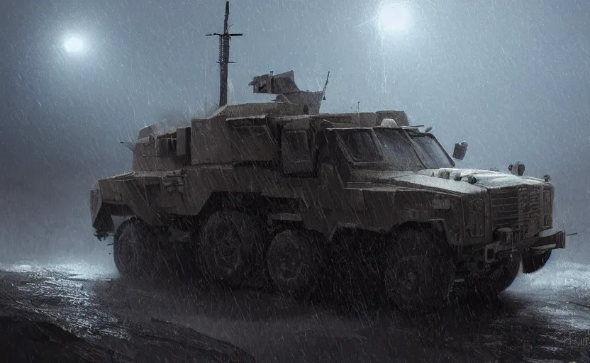 Prompt: a military vehicle in the mountain at night by Paul Chadeisson, blue headlights, dark image, stormy weather , atmospheric, artstation, concept art, illustration, sharp focus, high detail, octane render, intimidating