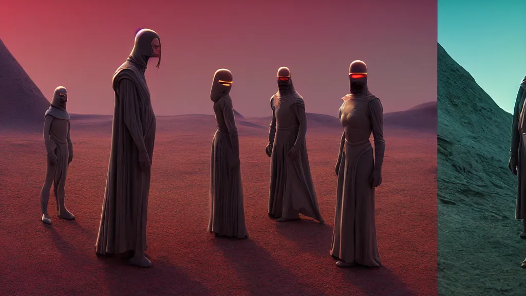 Image similar to colour aesthetic highly detailed photography of characters in sitcom scene, characters with hyperrealistic highly detailed faces. from dune ( 2 0 2 1 ) by alejandro hodorovski and denis villeneuve and gregory crewdson style with many details by mike winkelmann and vincent di fate in sci - fi style. volumetric natural light hyperrealism photo on red dsmc 3 system