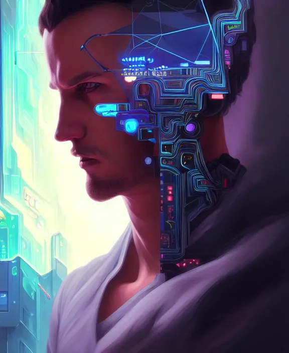 Image similar to a whirlwind inside the metaverse, guy, male, man, hologram, half body, neurochip, android, cyborg, cyberpunk face, by loish, d & d, fantasy, intricate, elegant, highly detailed, colorful, digital painting, artstation, concept art, art by artgerm and greg rutkowski and alphonse mucha