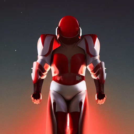 Image similar to portrait of a tall athletic muscular infantry man in glossy sleek white armor with tiny red details and a long red cape, heroic posture, on the surface of mars, night time, dramatic lighting, cinematic, sci-fi, hyperrealistic, godrays, diffused lighting, movie still