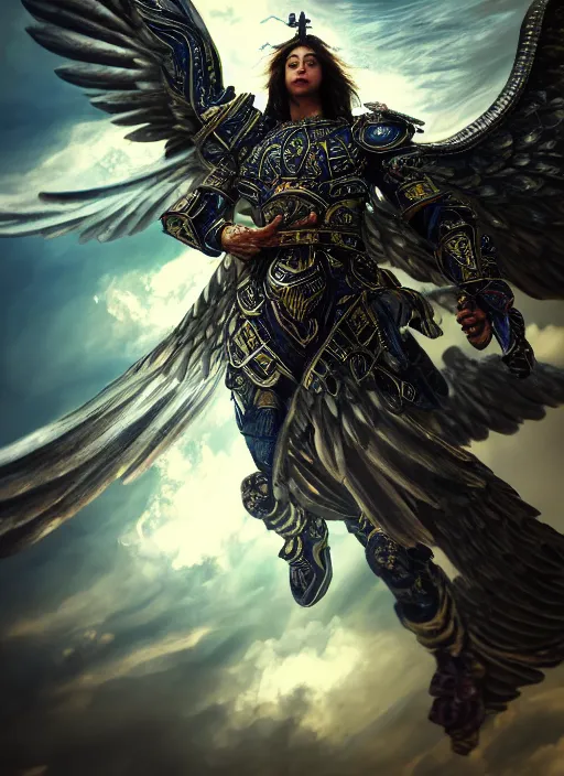 Image similar to archangel micheal flying in sky by huang guangjian, taekwon kim rostbite 3 engine, cryengine, dof, trending on artstation, digital art, chanel, dior, fantasy and detailed and intricate background