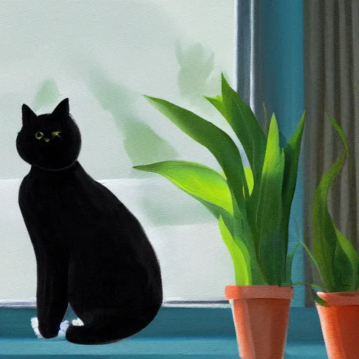 Prompt: peaceful dreamy painting of a content black cat sitting by a window, sunshine coming through the window, small plants on the window sill, 4k resolution, highly detailed, trending on artstation