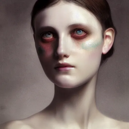 Image similar to stunning close up editorial portrait of a woman, symmetrical face, sci-fi skin, official prada editorial, beautiful pre-raphaelite portrait by charlie bowater, by Hendrik Kerstens, by Zhang Jingna, by norman rockwell, highly detailed