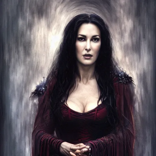 Image similar to majestic gracious regal aristocratic raven haired monica bellucci as the vampire pandora portrait, indoors, atmospheric lighting, painted, intricate, volumetric lighting, beautiful, rich deep colours masterpiece, sharp focus, ultra detailed, by leesha hannigan, ross tran, thierry doizon, kai carpenter, ignacio fernandez rios