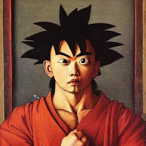 Image similar to portrait of a goku, painting by Jan van Eyck,