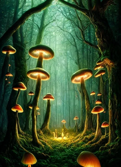 Image similar to an enchanted forest at night illuminated by glowing mushrooms, diffuse lighting, fantasy, intricate, surrealism!!!!, highly detailed, lifelike, photorealistic, digital painting, artstation, illustration, concept art, smooth, sharp focus, by greg rutkowski, chris tulloch mccabe, valentina remenar and asher duran,