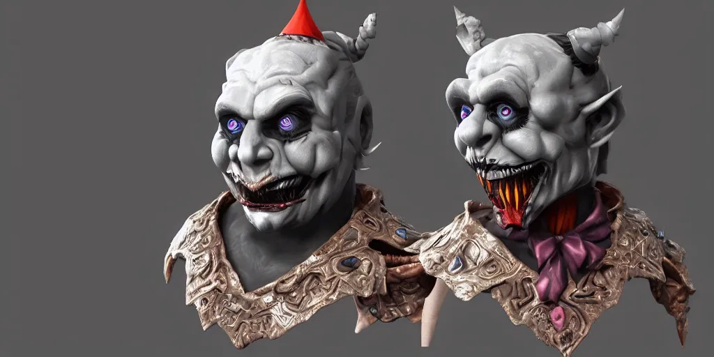 Prompt: a 3d sculpt of a dark fantasy side view of an evil circus clown animatronic circus mascot, tim burton, world of warcraft, league of legends