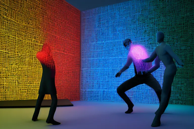 Image similar to full body, alan turing wrestling with agent smith, sculpture by auguste rodin, multicolored glowing tubes, glowing digital eyes, 8 k, front shot, symetrical, flourescent colors, halluzinogenic, multicolored, insanely detailed, 3 d render, octane