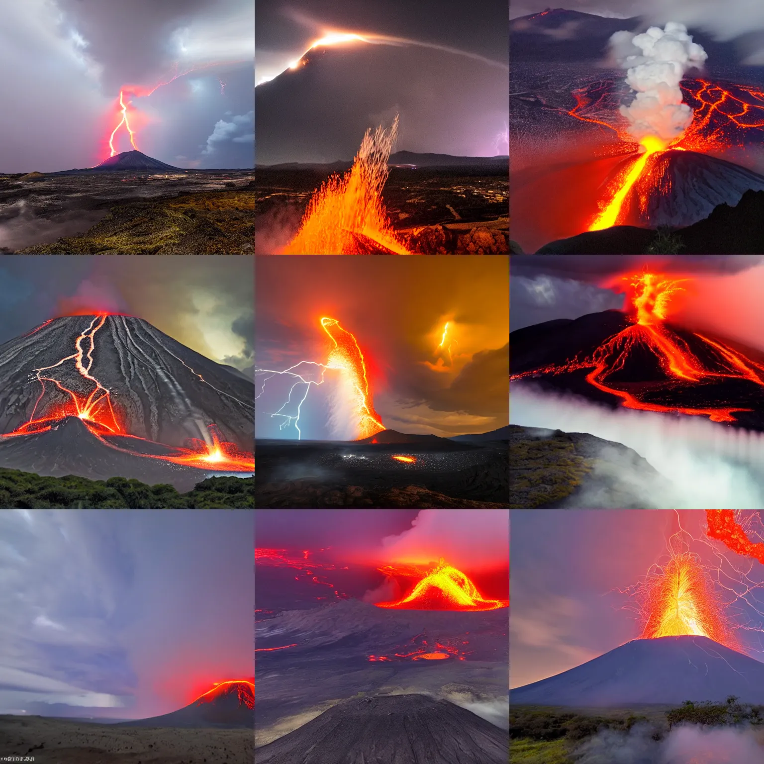Prompt: an extremely detailed volcano spewing lava and black smoke, streams of glowing hot lava, hot air refraction, flashes of lightning in the distance