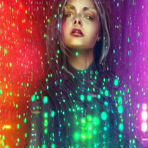 Image similar to hyperdetailed realistic digital painting of a beautiful wet girl wearing a short skirt in the rain interacting with a holographic interface on a wall in a future cyber punk style city trending on art station