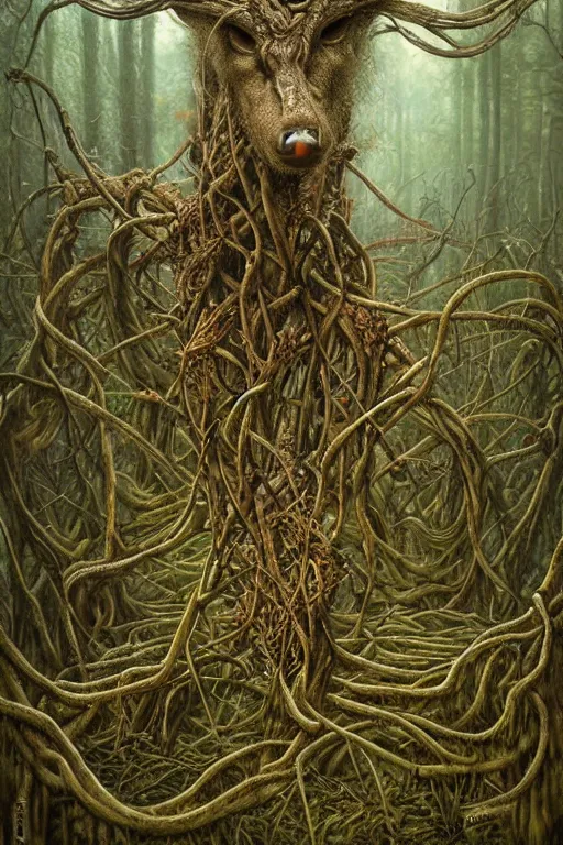 Image similar to deformed swamp deer twisted in vines and sludge by tomasz alen kopera.