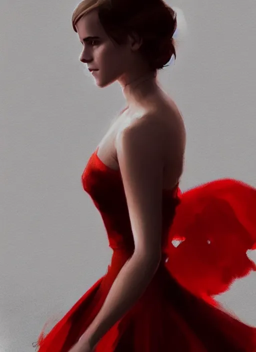 Image similar to a digital painting of a Emma Watson a red dress, by netter, style from greg rutkowski, beautiful eyes, full frame, oil painting, featured on artstation, concept art, smooth, sharp focus, illustration, very detailed, ambient lighting, unreal engine render, concept art by Atey Ghailan, by Loish, by Bryan Lee O'Malley